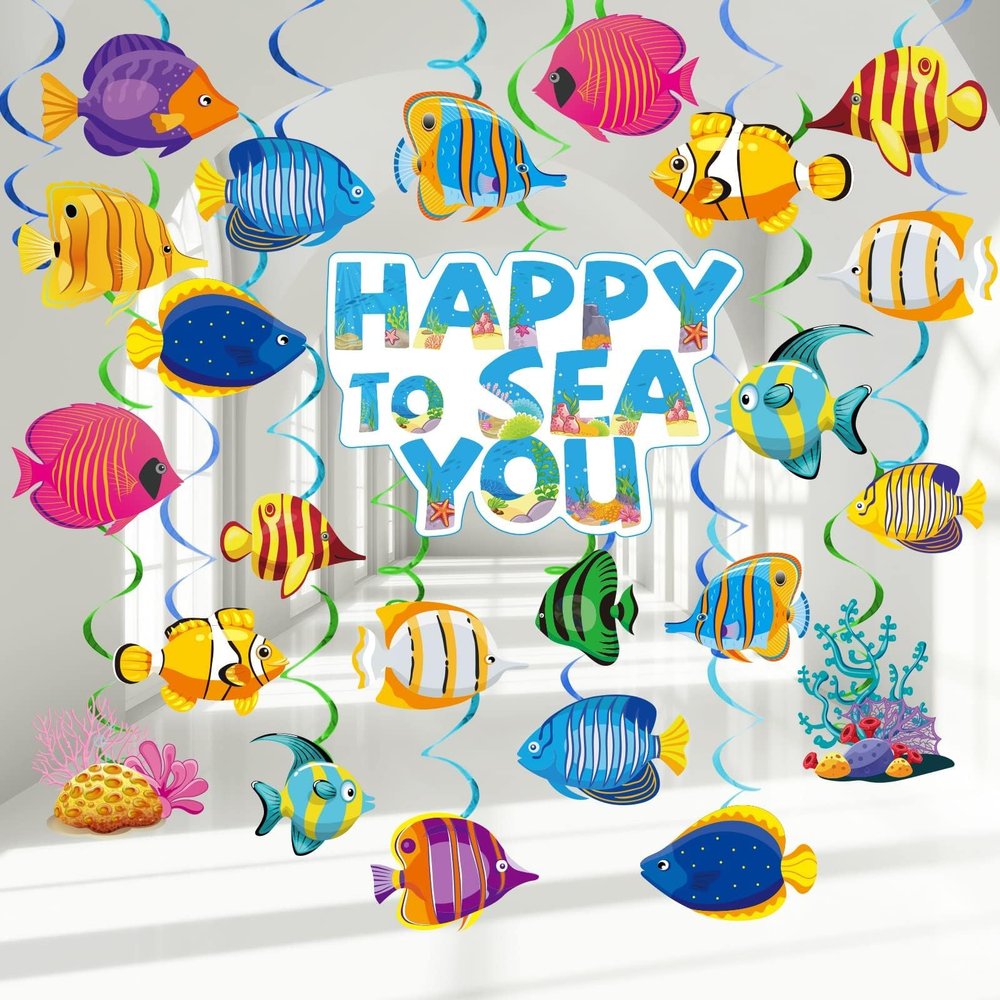 66 Pcs Tropical Fish Hanging Ceiling Swirls Under The Sea Party Decorations Ocean Themed Party Hanging Spiral Decorations for Boys Girls Kids Mermaid Creatures Ocean Party Birthday Party Supplies