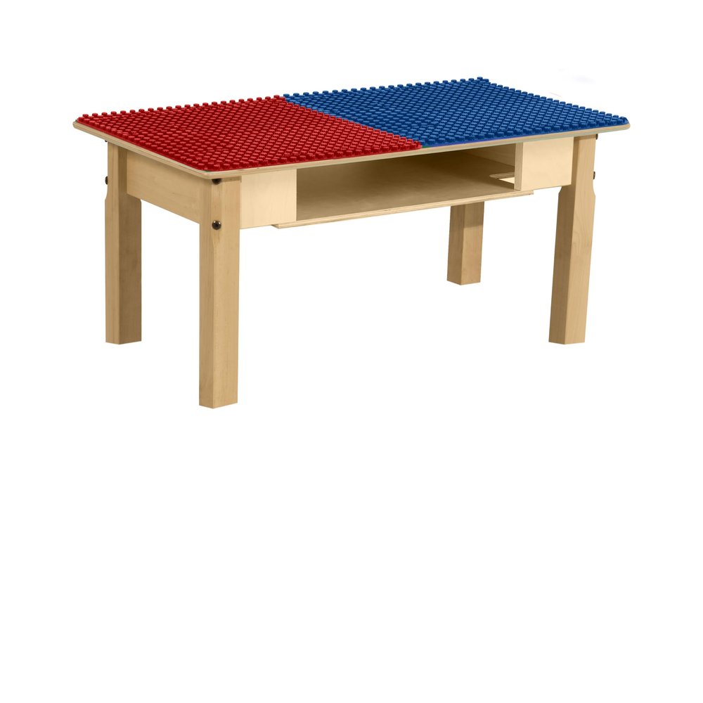 Contender Time-2-Play Deluxe Hardwood Red & Blue Duplo Compatible Play Table for Kids with Storage, Solid Wood Activity Desk for Playroom, 30.75" W X 15.5" D Rectangular with 16" Long Legs