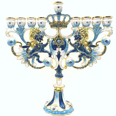 CohenTsemach Art&Gift Blue Hanukkah hanukkiah Menorah Enamel Lions Star of David Israel