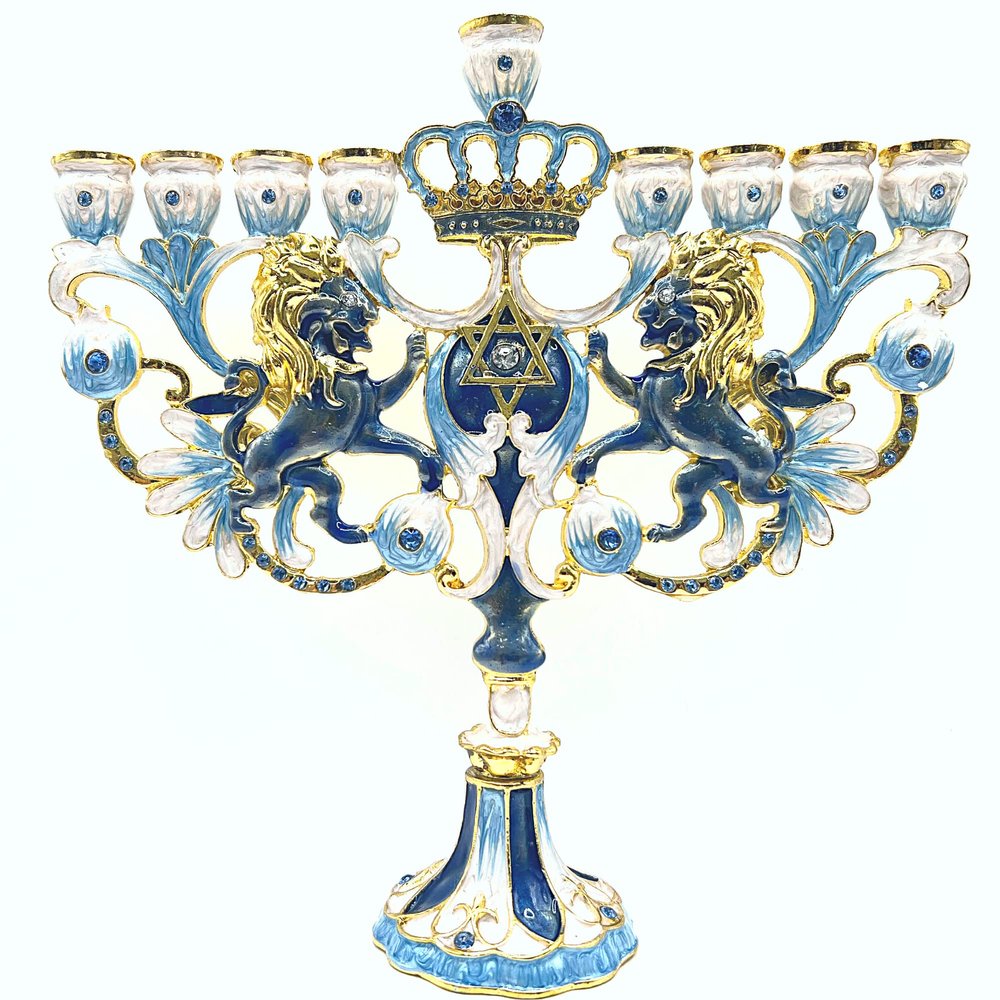 CohenTsemach Art&Gift Blue Hanukkah hanukkiah Menorah Enamel Lions Star of David Israel