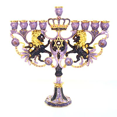 CohenTsemach Art&Gift Purple Hanukkah Menorah Enamel Lions Star of David Israel