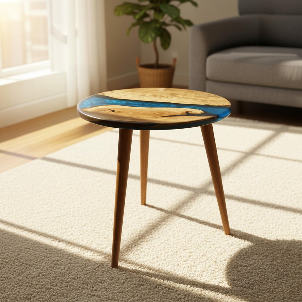 20" Resin Walnut Round Side Table | Epoxy End Table | Coffee Table | Mid Century Modern Resin Walnut | Living Room Furniture | Blue Color