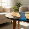 20" Resin Walnut Round Side Table | Epoxy End Table | Coffee Table | Mid Century Modern Resin Walnut | Living Room Furniture | Blue Color view 3