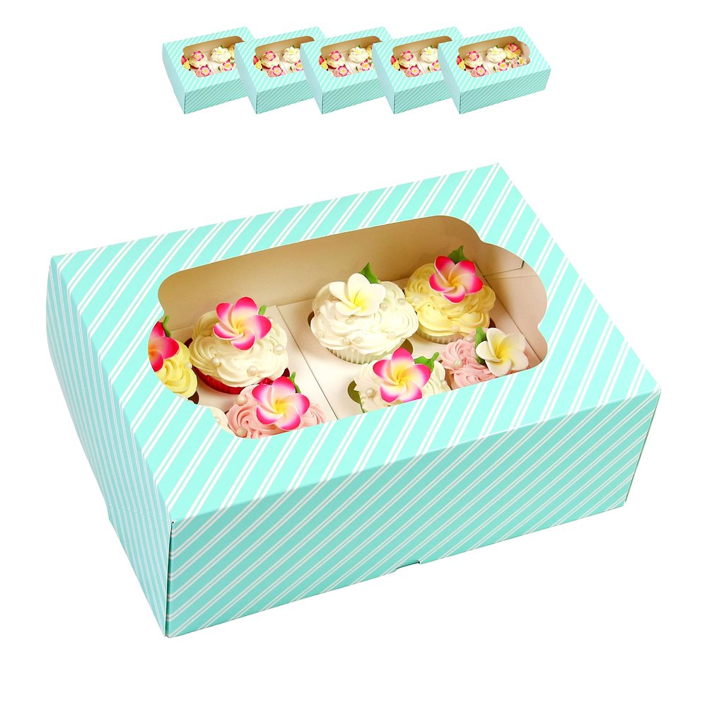 Global Sugar Art Auto-Popup Quarter Sheet Cake & 12 Cupcake Box with Window and Cupcake Inserts, Designer Blue Stripe 14 x 10 x 4 Inches, 5 Count