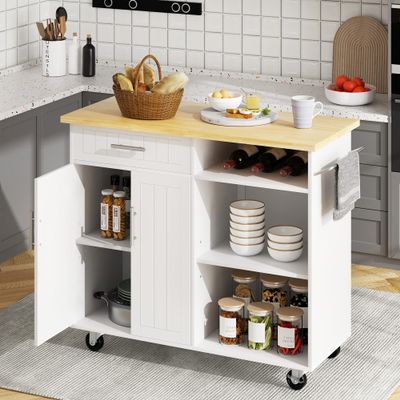 JY QAQA 42" Kitchen Island on Wheels with Storage Cabinet Kitchen Cart Cabinet with Shelves, Cart Handle for Towel Rack or Free Mobility, Portable Islands for Kitchen