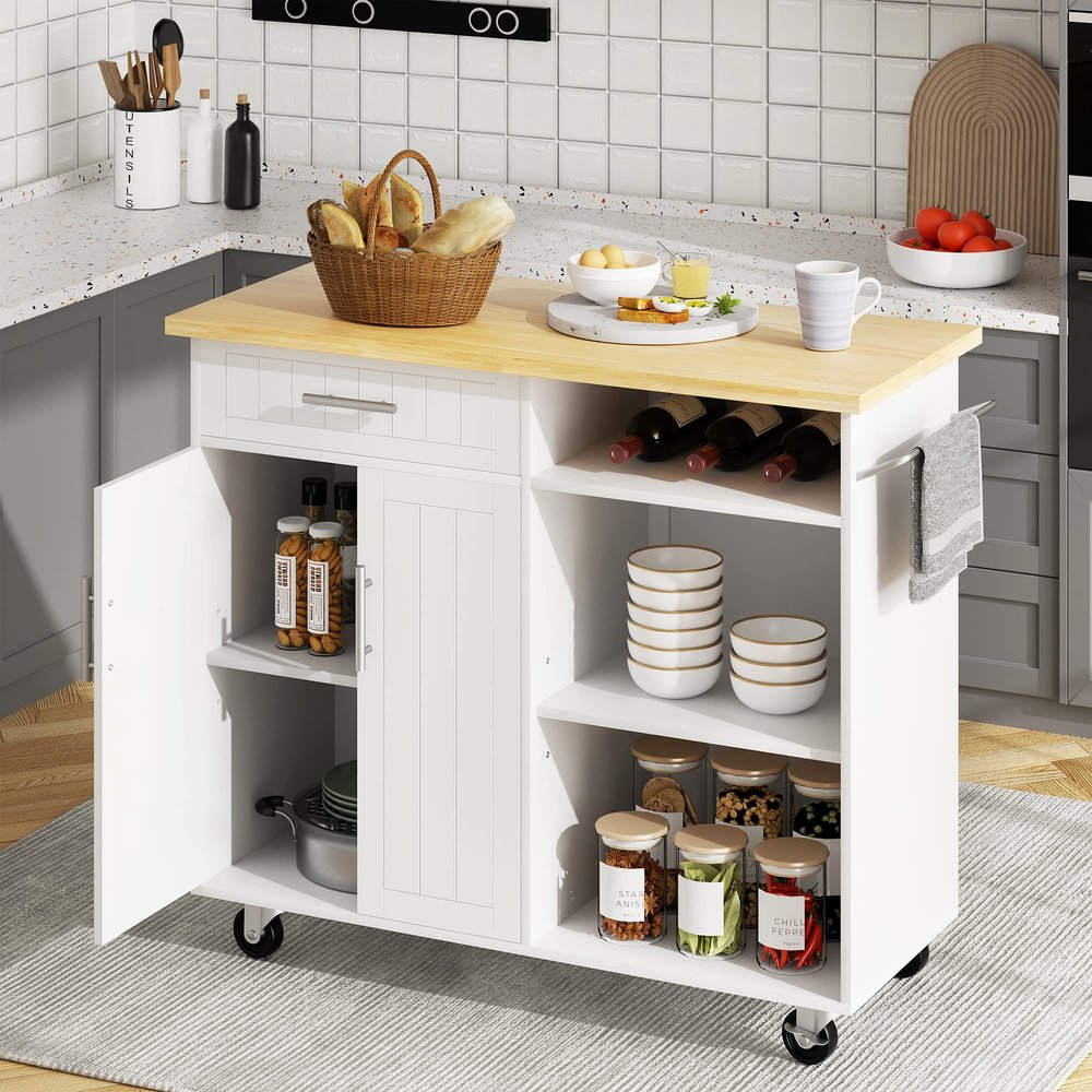 JY QAQA 42" Kitchen Island on Wheels with Storage Cabinet Kitchen Cart Cabinet with Shelves, Cart Handle for Towel Rack or Free Mobility, Portable Islands for Kitchen