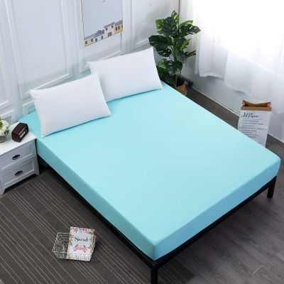 FCLDESHOP Bedding Fitted Sheets,Solid Color Polyester Waterproof Bed Sheet, Elder Kids Urine Box Spring Mattress Protector Bed Cover,Sky Blue,152X190cmX30cm