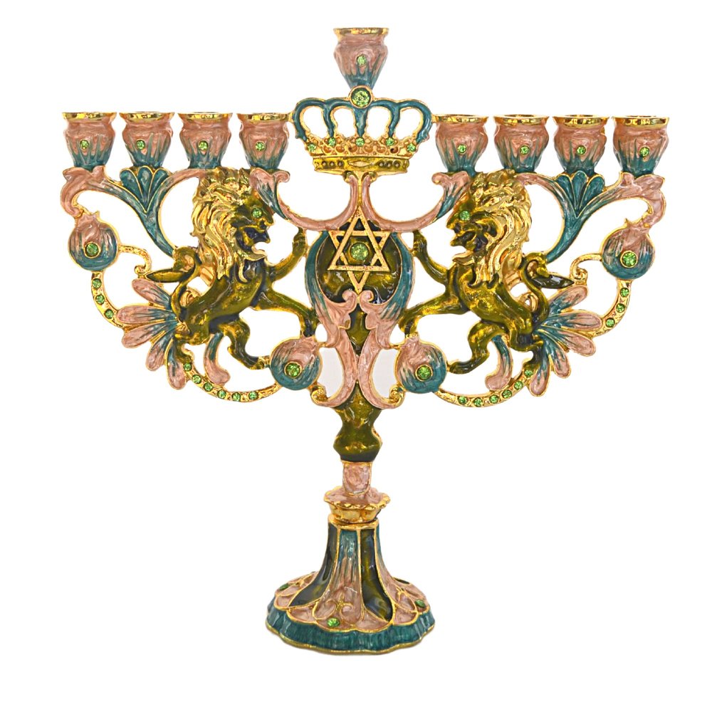 Cohen Tsemach Art&Gift Turquoise Hanukkah Menorah Enamel Lions Star Of David Hanukkiah