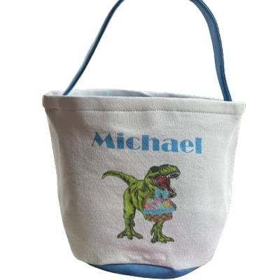 Personalized Easter Baskets for Boys - Canvas Tote Bags for Kids - Custom Easter Pail with Handle (Blue Lined Basket)