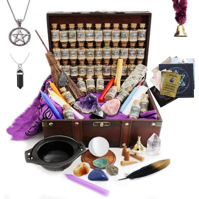 UnaLunaMoona Witchcraft Kit with 90 Wiccan Supplies for Beginner and Advanced Witches. Wiccan Alter with Altar Supplies and Apothecary kit. Spell Kit with Witchcraft Supplies for Wicca. Witch Altar
