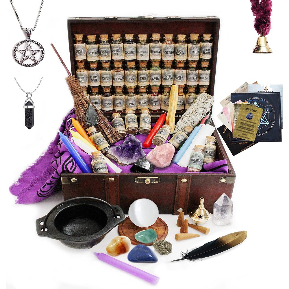 UnaLunaMoona Witchcraft Kit with 90 Wiccan Supplies for Beginner and Advanced Witches. Wiccan Alter with Altar Supplies and Apothecary kit. Spell Kit with Witchcraft Supplies for Wicca. Witch Altar