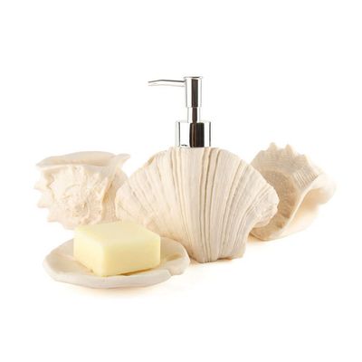 NOBRIM Bathroom Accessory 4pcs Resin Bathroom Four-Piece White Sandstone Shell Bath Decor Soap Dish,2 Tumbler,Soap Dispenser Bathroom Wash Set Bathroom Wash Set