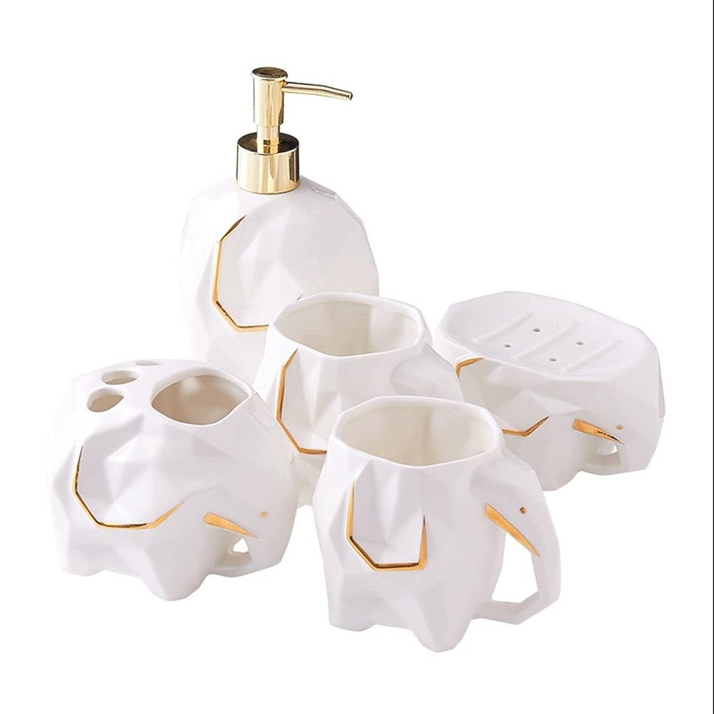 NOBRIM Bathroom Accessory 5-Piece Bathroom Accessory Set Cute Elephant Design Bathroom Wash SetSoap Dispenser Toothbrush Holder Soap Dish Mouthwash Cup Bathroom Wash Set