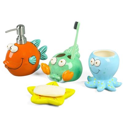 NOBRIM Bathroom Accessory 4 Pieces Cute Animals Bathroom Accessories Sets Ceramic Bathroom Set Soap Dispenser/Toothbrush Holder/Tumbler/Soap Dish Toiletries Bathroom Wash Set