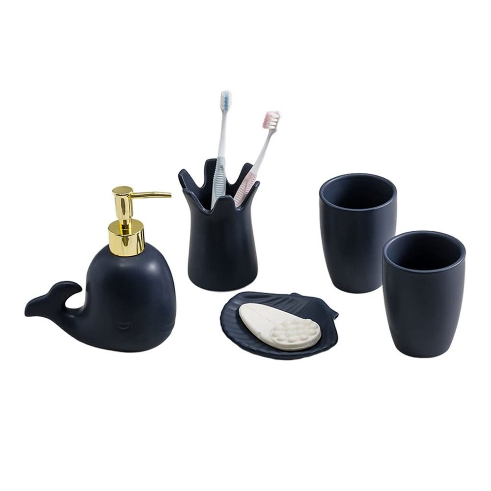 NOBRIM Bathroom Accessory 5-Pieces Ceramics Bathroom Set, Blue Whale Shape Bath Bathroom SetsIncludes Toothbrush Holder, Soap Dispenser, 2 Tumbler, Soap Dish Bathroom Wash Set