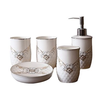 NOBRIM Bathroom Accessory 5 Piece Ceramics Bathroom Accessories Set, Soap Dispenser Pump Bottle, Toothbrush Holder, Tumbler, Bathroom Toiletries Sets Bathroom Wash Set