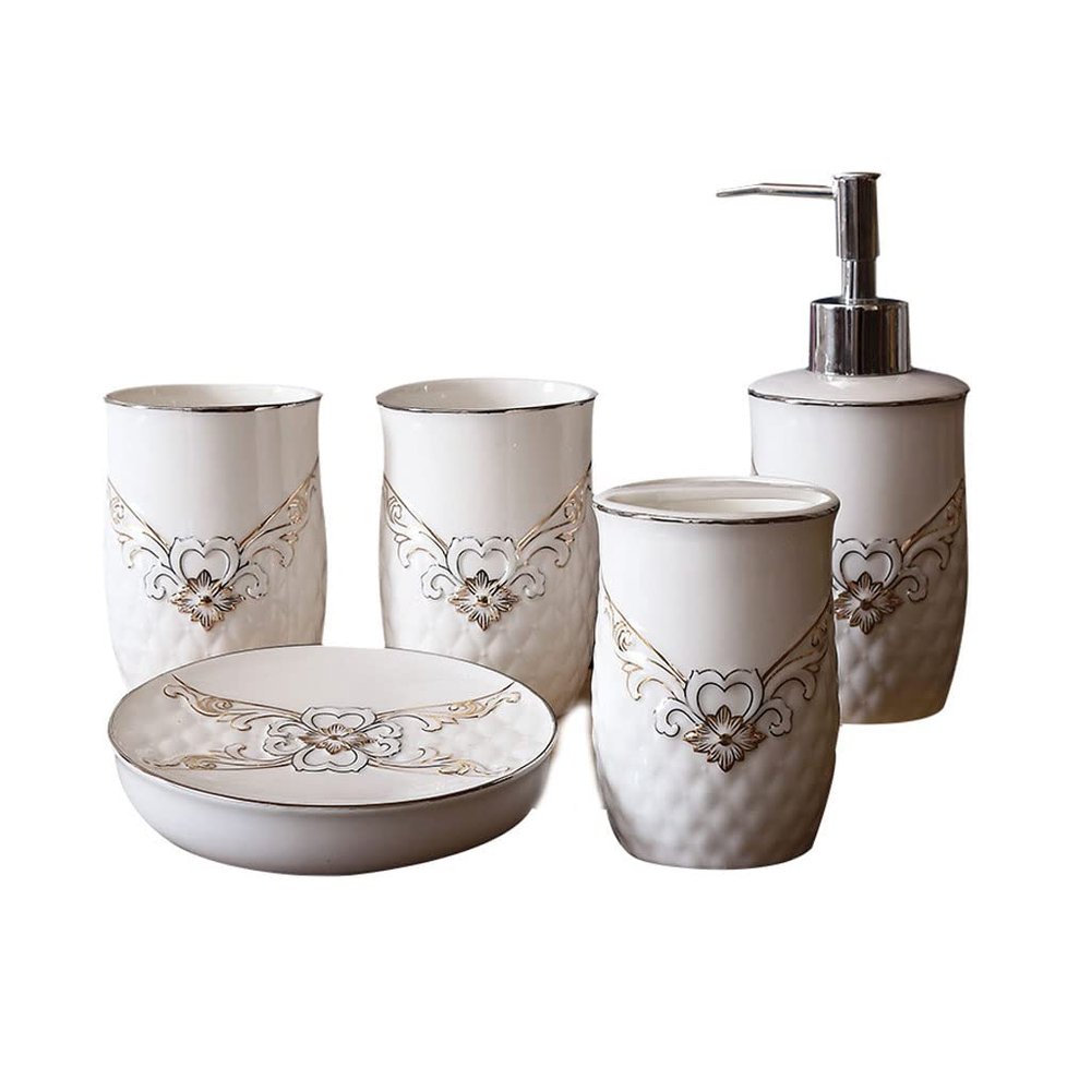 NOBRIM Bathroom Accessory 5 Piece Ceramics Bathroom Accessories Set, Soap Dispenser Pump Bottle, Toothbrush Holder, Tumbler, Bathroom Toiletries Sets Bathroom Wash Set