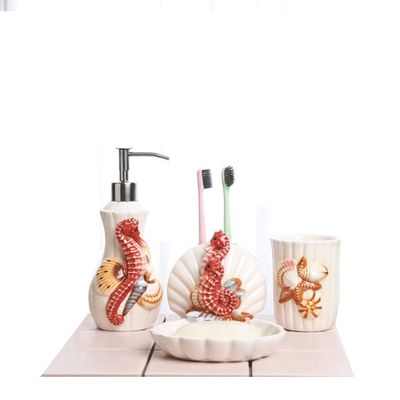 NOBRIM Bathroom Accessory 4 Pieces Bathroom Accessories Set Seahorse Appearance Design Ceramic Toiletries Soap Dispenser/Toothbrush Holder/Tumbler/Soap Dish Bathroom Wash Set