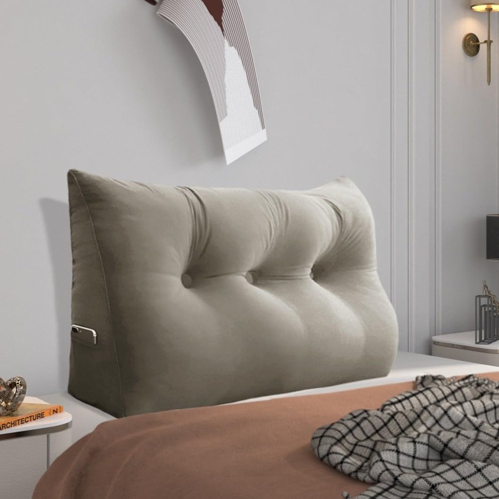 BNCKTRD Headboard Pillow - 3 in 1 Large Bed Pillow as Wedge Reading Pillow, Large Couch Daybed Pillow or Positioning Support Backrest Back Cushion for Sitting in Bed Velvet Twin Beige-Gray