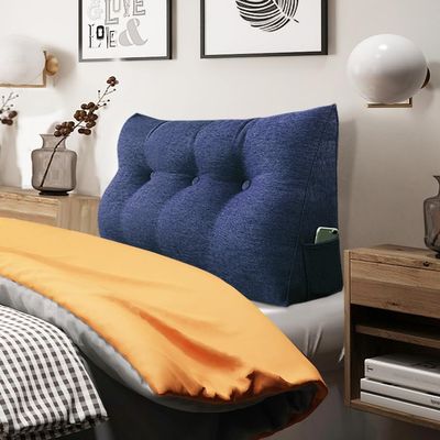 BNCKTRD Headboard Pillow Wedge Twin Size Large Bolster Pillow for Bed Triangle Reading Pillow Back Support Pillow for Sitting Up in Bed XXL Couch Daybed Rest Backrest Cushion Linen Blue