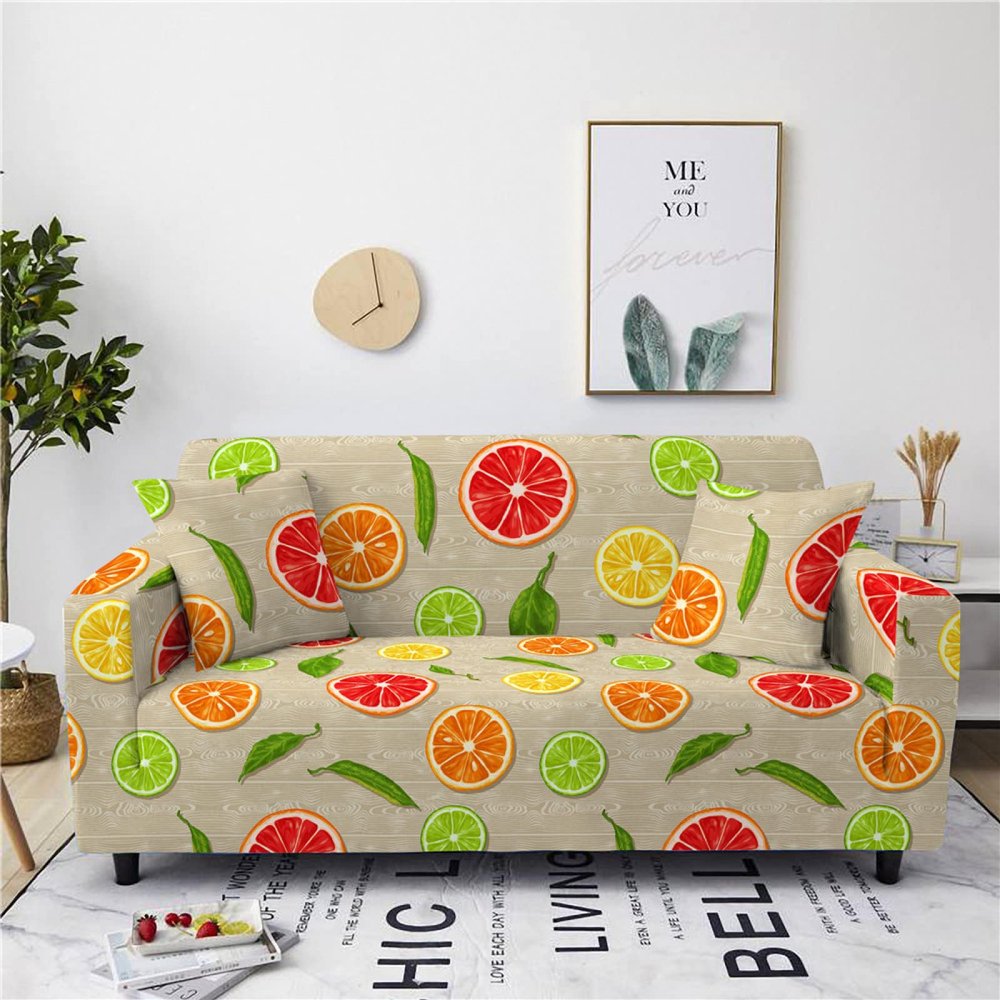 ERNZI Lemon 3D Printed Sofa Cover,Fruits Stretch Sofa Slipcovers,Sofas and Benches Furniture Protector Cover,Polyester Non Slip Sofa Cover with Two Free Pillow Cases