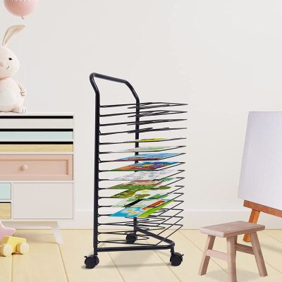 Wire Art Drying Rack for Classroom Paint Drying Rack Art 16 Shelves Metal Artwork Storage Display Rack Art Drying Rack with Wheels for Classroom Painting Crafts (Black) (Color : Black)