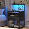 VIAGDO Nightstand with Charging Station and LED Lights, Black Night Stand with Drawer, Modern End Side Table with Open Storage Shelves, Bedside Tables for Bedroom, Office view 1
