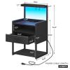 VIAGDO Nightstand with Charging Station and LED Lights, Black Night Stand with Drawer, Modern End Side Table with Open Storage Shelves, Bedside Tables for Bedroom, Office view 2
