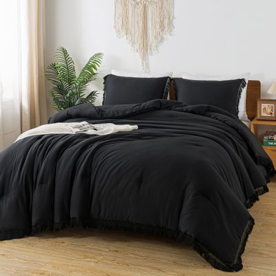 Andency Black Comforter Set Full Size, 3 Pieces Boho Tassel Lightweight Bedding Comforter Sets, All Season Soft Fluffy Fringe Bed Set (79x90In Comforter & 2 Pillowcases)