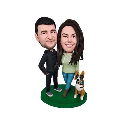 mydedor Custom Bobblehead of 2 People with Pet - Personalized Couple and Dog Cat Figurine from Photos, Handmade Best Friend Sculpture Gift for Family, Friendship Day