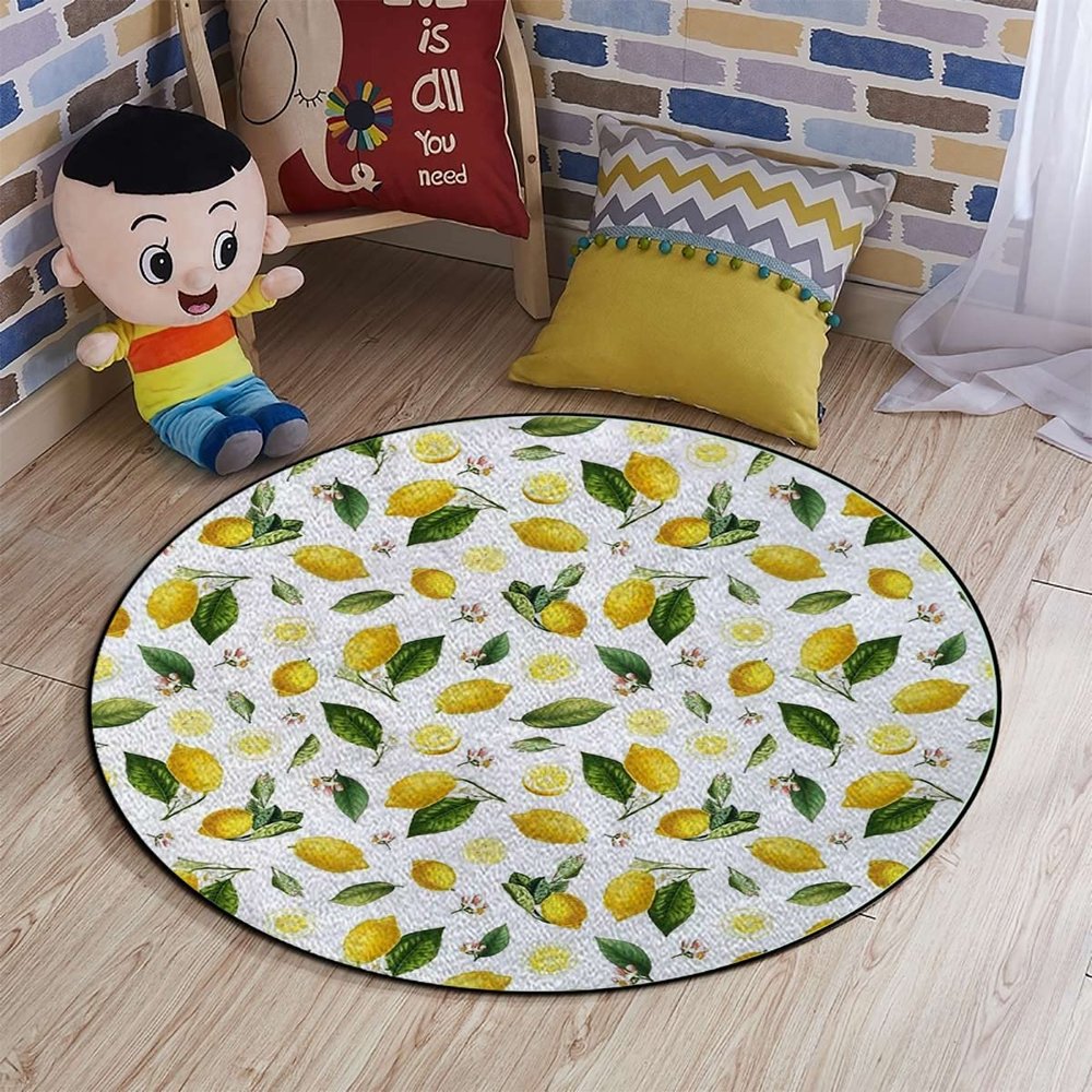 Antique Decor Soft Microfiber Polyester Non-Slip Round Mat/Runner, Plush Water Absorbent Accent Rug for Bathroom Vanity, Bathtub/Shower, Nature Exotic Lemon Tree,Fern Green Diameter 60 in