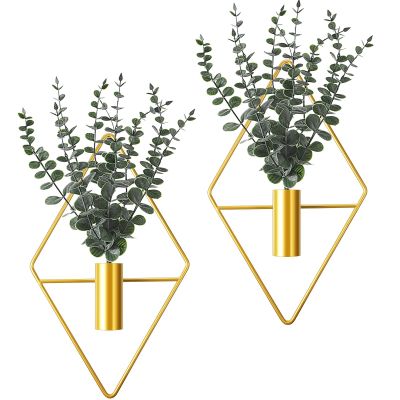 Jexine 8 Pcs Hanging Planters with Artificial Eucalyptus Metal Hanging Vase Indoor Plants Holder Modern Geometric Boho Bathroom Wall Decor for Living Room Home Office (Eucalyptus,Gold)