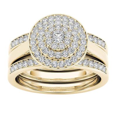3Pcs Women Round Rings Set Inlaid Zircon Engagement Ring Elegant Jewelry Chunky Bridal Wedding Band for Her (Gold, 7)