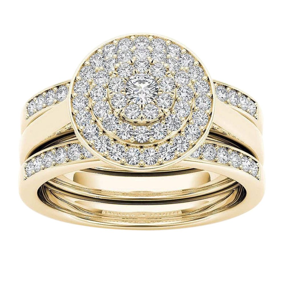 3Pcs Women Round Rings Set Inlaid Zircon Engagement Ring Elegant Jewelry Chunky Bridal Wedding Band for Her (Gold, 7)