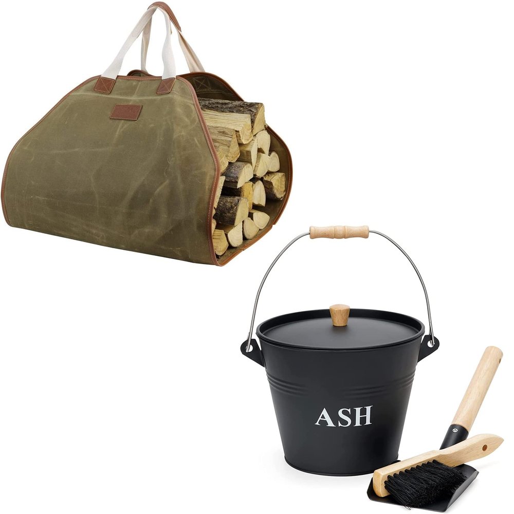 Canvas Log Carrier Bag, Ash Bucket with Lid, Shovel, and Broom