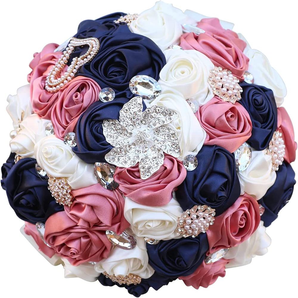 9.4" Handmade Satin Rose Bridal Bouquet Toss Round Wedding Bouquet Throw Toss Artificial Flower Bunch Ivory + Navy Blue + Shimmering Blush Pink