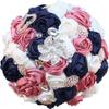 9.4" Handmade Satin Rose Bridal Bouquet Toss Round Wedding Bouquet Throw Toss Artificial Flower Bunch Ivory + Navy Blue + Shimmering Blush Pink view 1