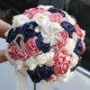 9.4" Handmade Satin Rose Bridal Bouquet Toss Round Wedding Bouquet Throw Toss Artificial Flower Bunch Ivory + Navy Blue + Shimmering Blush Pink view 3
