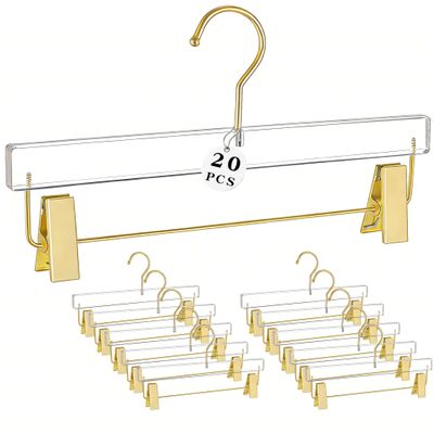 Besser Gold Acrylic Hangers,20 Pack Clear Hangers with Gold Hooks,Luxurious Skirt Pants Hangers Gold Clips for Clothing Closet Storage