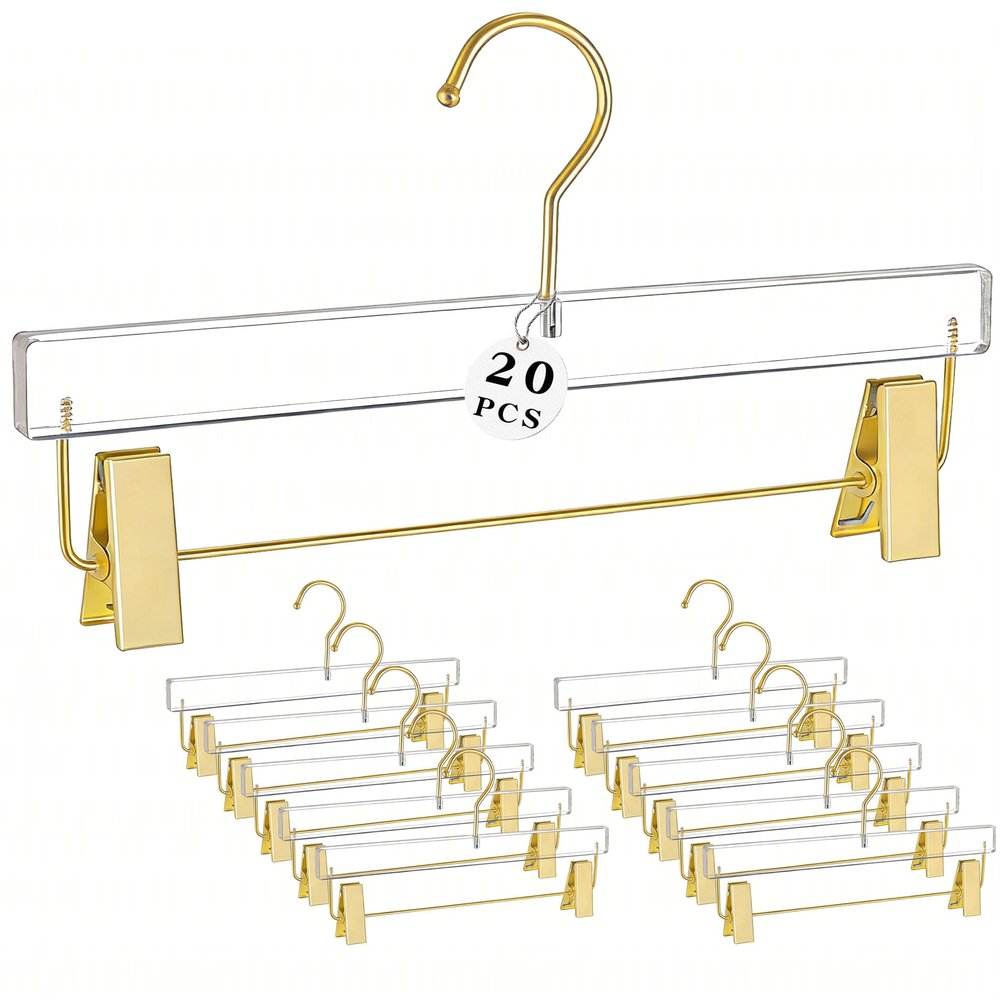 Besser Gold Acrylic Hangers,20 Pack Clear Hangers with Gold Hooks,Luxurious Skirt Pants Hangers Gold Clips for Clothing Closet Storage