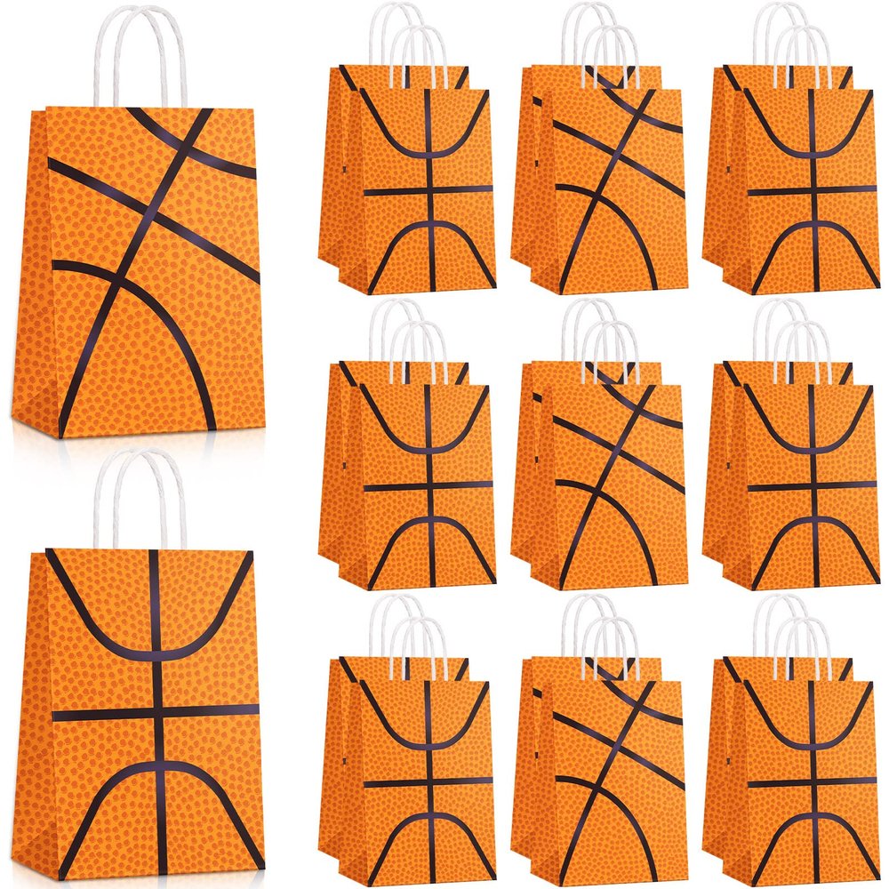 Leinuosen 50 Pcs Basketball Tennis Party Bags Baseball Tennis Gift Goodie Favor Treat Candy Goody Bags with Handle for Sports Theme Birthday Party Supplies (Basketball)