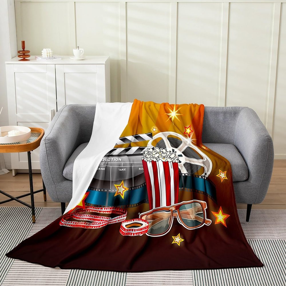 3D Movie Blanket 40x50 Inch Clapper Film Tape Throw Blanket 3D Stereo Glasses Box of Popcorn Fleece Blanket Geometric Dark Theatre Happy Food Orange Stars Flannel Blanket