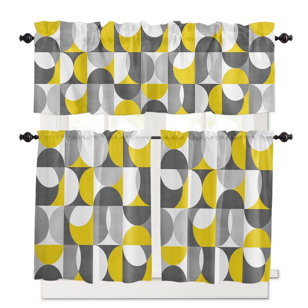 3 Pcs Valance and Tier Curtain Sets Vintage Medieval Abstract Geometric Texture Yellow Valances for Windows, Rod Pocket Semi Sheer Valance Curtains for Kitchen Living Room Bathroom