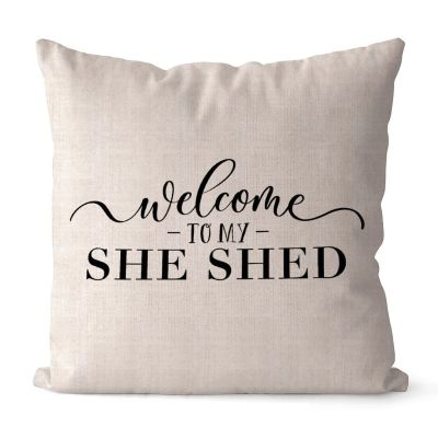 Rebbygena Welcome to My She Shed Inspirational Quotes Throw Pillow Covers 22x22in Farmhouse Pillow Case Cotton Linen Cushion Cover Accent Pillows Case for Couch Sofa Home Decor