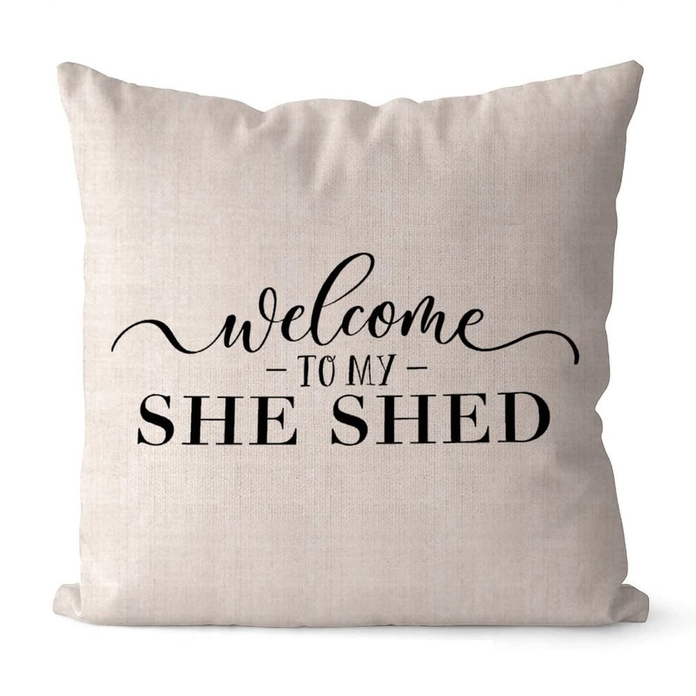 Rebbygena Welcome to My She Shed Inspirational Quotes Throw Pillow Covers 22x22in Farmhouse Pillow Case Cotton Linen Cushion Cover Accent Pillows Case for Couch Sofa Home Decor