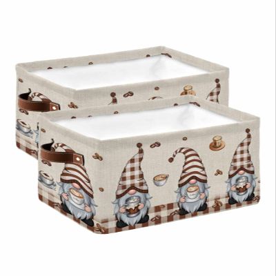 Storage Basket Gnome Holding Coffee Cup Large Foldable Storage Bins with Handles Coffee Beans Brown Plaid Waterproof Fabric Laundry Baskets for Organizing Shelves Closet Toy Gifts Bedroom Home Decor