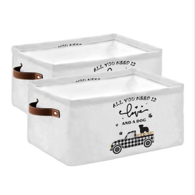 Storage Basket Old Truck With Dog Large Foldable Storage Bins with Handles Farmhouse Black Buffalo Check Plaid Waterproof Fabric Laundry Baskets for Organizing Shelves Closet Toy Gifts Bedroom Home Decor