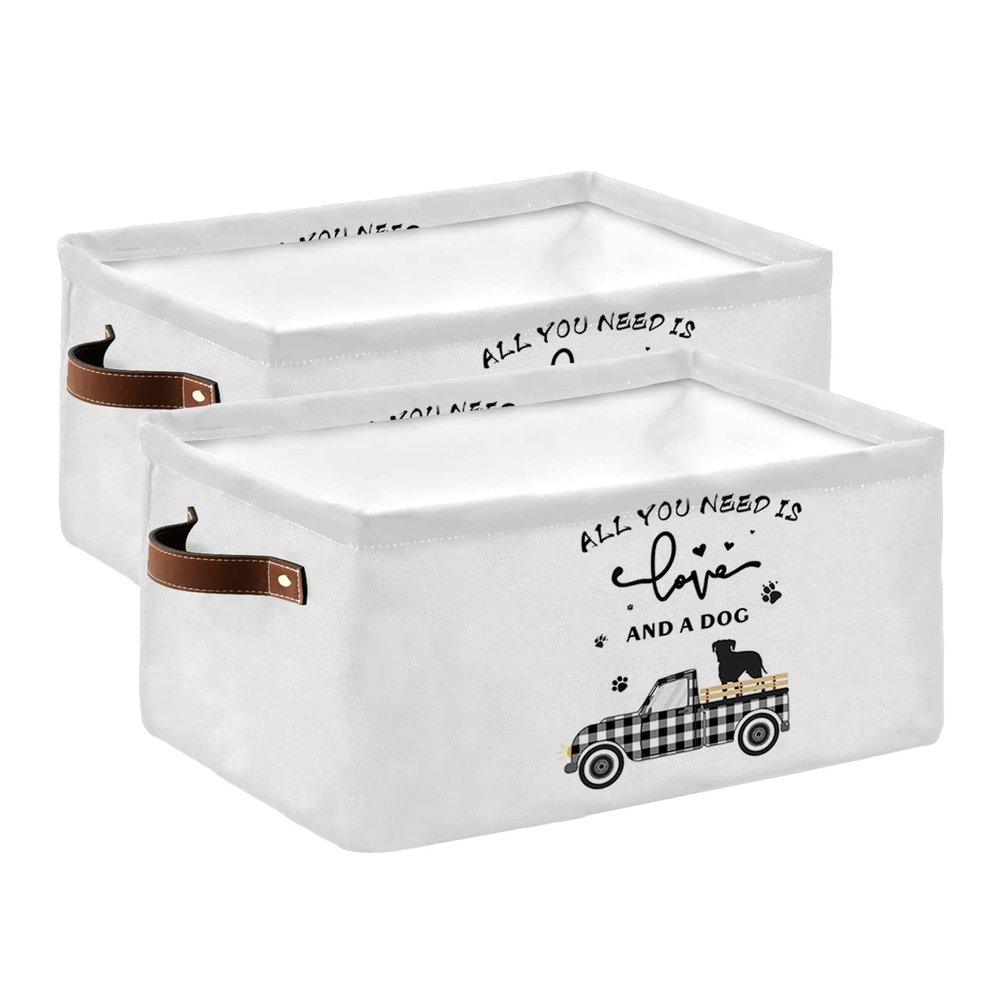 Storage Basket Old Truck With Dog Large Foldable Storage Bins with Handles Farmhouse Black Buffalo Check Plaid Waterproof Fabric Laundry Baskets for Organizing Shelves Closet Toy Gifts Bedroom Home Decor