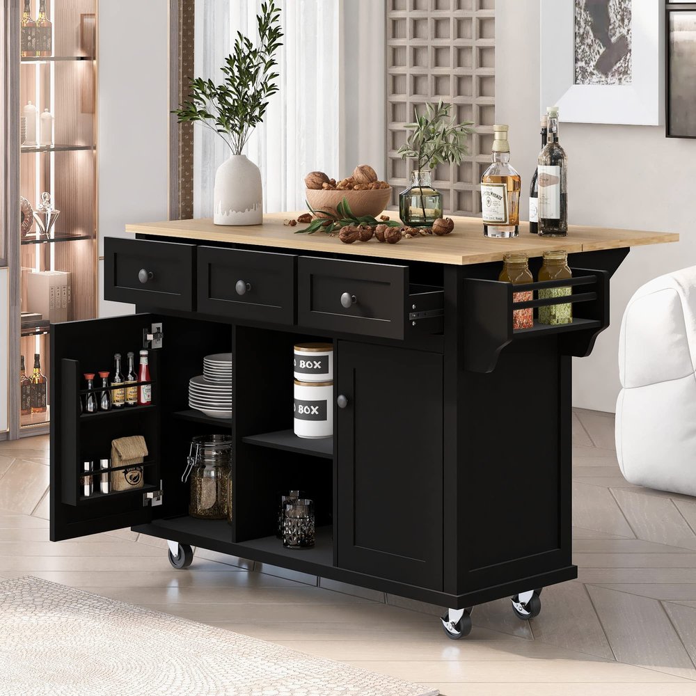 CEMKAR Kitchen Cart with Rubber Wood Drop-Leaf Countertop,Cabinet Door Internal Storage RacksKitchen Island on 5 Wheels with Storage Cabinet and 3 Drawers for Dinning Room (Black)
