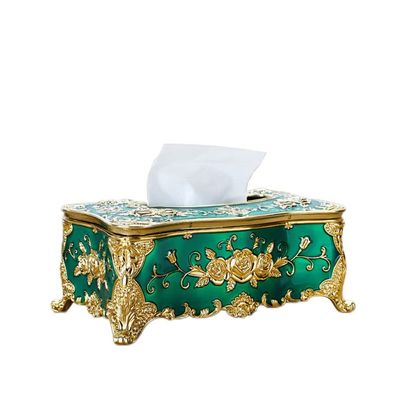 Tissue Cover Holder,Creative Embossed Roses and Rhinestones Rectangular Acrylic Tissue Box Cover Dispenser Napkin Organizer for Bathroom Bedroom Office and Car (Green-Gold)
